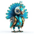 Colorful peacock robot, robotic bird isolated over white background. Created with generative Ai Royalty Free Stock Photo