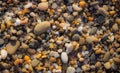 Colorful pebbles on beach. Pebbles closeup background. Small round stones in sunlight. Minerals concept. Royalty Free Stock Photo