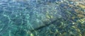 Colorful pebbles and big stone under clear water