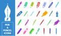 Colorful pen and pencil flat vector icon set Royalty Free Stock Photo