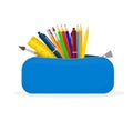 Colorful pencil case on white background. School supplies cartoon illustration. Flat icon design. Isolated objects Royalty Free Stock Photo