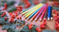 Colorful pencils, autumn berries and leaves, back to school, fall banner