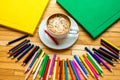 Colorful pencils with books and coffee Royalty Free Stock Photo