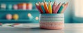 Colorful Pencils in a Ceramic Holder Organized Essentials for Art and Study, a Creative Desk Setup with a Touch of Color, Perfect