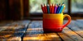 Colorful pencils in a cup on a wooden table Royalty Free Stock Photo