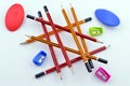 Colorful pencils with a eraser and pencil sharpener Royalty Free Stock Photo