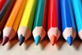 Colorful pencils on grey background, closeup. School supplies, Colored pencils in a row, close-up, macro, AI Generated Royalty Free Stock Photo