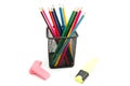 Colorful pencils, marker and erasers Royalty Free Stock Photo