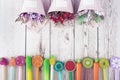 Colorful pencils, markers and pens composition back to school, concept with stationery on a cramped wooden background Royalty Free Stock Photo