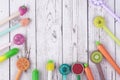 Colorful pencils, markers and pens composition back to school, concept with stationery on a cramped wooden background Royalty Free Stock Photo