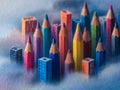 Colorful pencils and miniature buildings arranged on a soft surface Royalty Free Stock Photo