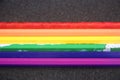 Colorful pencils of rainbow colors red orange yellow green blue purple. Top view, flat lay. lgbt equal rights concept