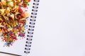 Colorful pencils shaving dust on white book. Royalty Free Stock Photo