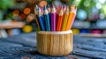 Colorful Pencils in a Wooden Holder on a Rustic Table. Generative ai Royalty Free Stock Photo