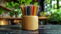 Colorful Pencils in a Wooden Holder on a Rustic Table. Generative ai Royalty Free Stock Photo