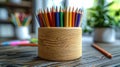 Colorful Pencils in a Wooden Holder on a Rustic Table. Generative ai Royalty Free Stock Photo