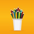 Colorful pencis in glass for office. Vector on yellow background Royalty Free Stock Photo