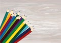 Colorful pencis. Vector on wooden background.