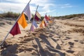 colorful pennant flags planted in soft, sandy terrain