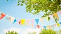 colorful pennant string decoration in green tree foliage on blue sky, summer party. Generative Ai Royalty Free Stock Photo