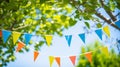 colorful pennant string decoration in green tree foliage on blue sky, summer party. Generative Ai Royalty Free Stock Photo