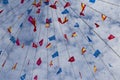 Colorful pennants flags hanging over blue sky. Festival or party concept Royalty Free Stock Photo