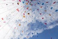 Colorful pennants flags hanging over blue sky. Festival or party concept Royalty Free Stock Photo