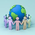 Colorful People Holding Hands Around Globe on blue background Royalty Free Stock Photo