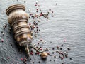 Colorful peppercorns and old pepper mill. Royalty Free Stock Photo