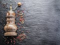 Colorful peppercorns and old pepper mill on the black Royalty Free Stock Photo