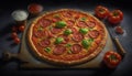 Colorful Pepperoni Pizza Spicy on Table With Red Tomatoes Top View AI Generative