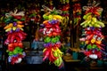 Colorful peppers and garlics hanging at market Royalty Free Stock Photo