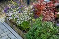 A colorful perennial flowerbed at the entrance to the garden bordered by a decorative wooden palisade. from the back it is connect