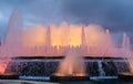 Colorful performance of Magic Fountain of Montjuic in Barcelona