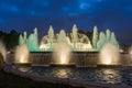 Colorful performance of Magic Fountain of Montjuic in Barcelona