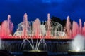 Colorful performance of Magic Fountain of Montjuic in Barcelona