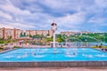 The colorful performance of \'Pearl of Love\' fountain in Taras Shevchenko Park in Uman, Ukraine Royalty Free Stock Photo