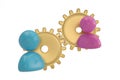 Colorful persons and gears on white background. 3D illustration.