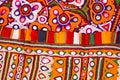 Colorful Peruvian handicraft embroidered flowers on textile,embroidery handicrafts close up view and selective focus,handmade