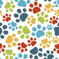 Colorful pet paws seamless pattern. Cat or dog footprint on white background. Vector illustration. Royalty Free Stock Photo