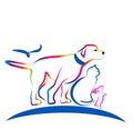 Colorful pets, dog, cat, rabbit, line art vector