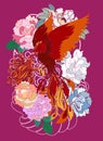 Phoenix fire bird with Peony flower and rose on cloud and wave background.Hand drawn Japanese tattoo style.Beautiful pho