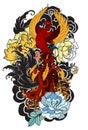 Phoenix fire bird with Peony flower and rose on cloud and wave background.Hand drawn Japanese tattoo style.Beautiful pho