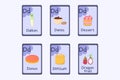 Colorful Phonics flashcard Letter D - daikon, dimsum, dates, dessert, donut, dragon fruit. Royalty Free Stock Photo