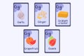 Colorful Phonics flashcard Letter G - garlic, ginger, graham cracker, grapefruit, guava