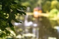 Colorful Photo of the Blurred Fountain in a Park, Between Woods with Tree Leaves in Foreground Royalty Free Stock Photo