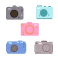 Colorful photo cameras set simple flat style vector trendy illustration accessory for voyage, travelling