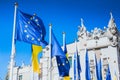 Flags in front of the Kiev house with Chimeras