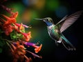 Colorful photo of a glittering hummingbird with gold throat hovering underneath a Monkeybrush flower