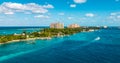 Panoramic landscape view of a narrow Island and beach at the cruise port of Nassau in the Bahamas.